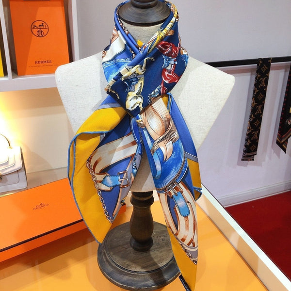 Cavalcades Scarf 90 CM In Blue Yellow Colorful Silk Twill 288859
