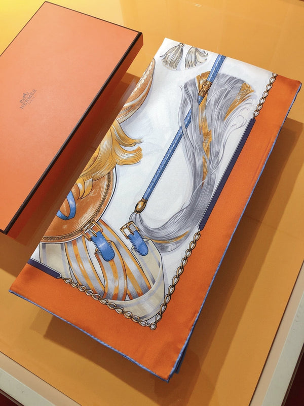 Cavalcades Scarf 90 CM In White Orange Colorful Silk Twill 288858