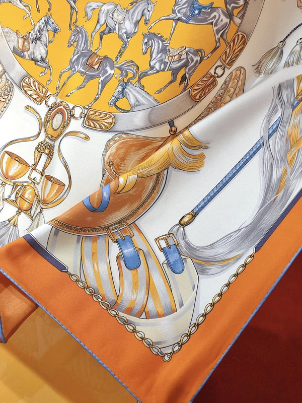 Cavalcades Scarf 90 CM In White Orange Colorful Silk Twill 288858