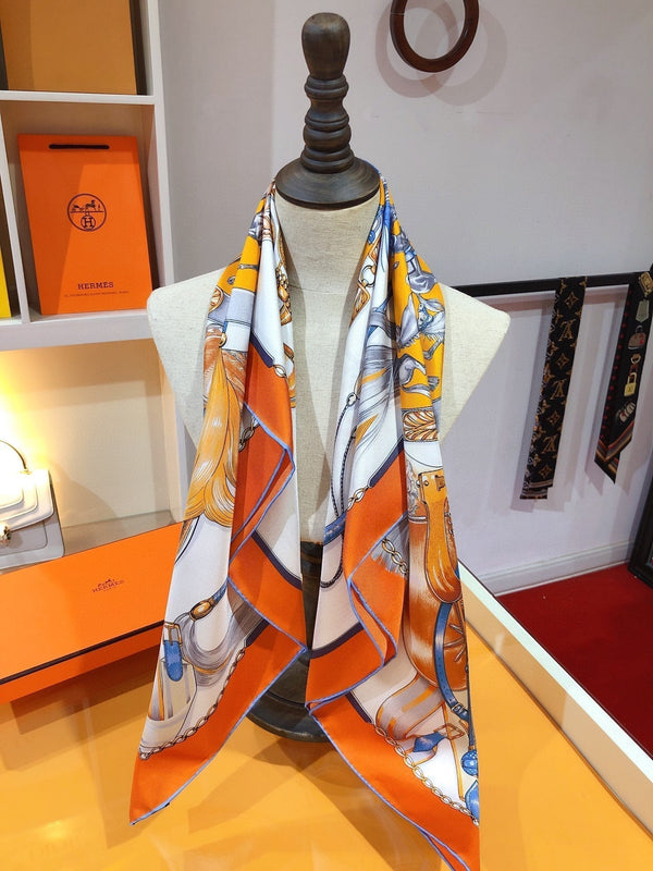Cavalcades Scarf 90 CM In White Orange Colorful Silk Twill 288858