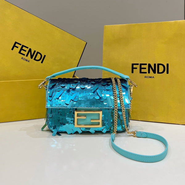 BAGUETTE MINI 19 IN BRIGHT TURQUOISE SEQUINS GOLD HARDWARE