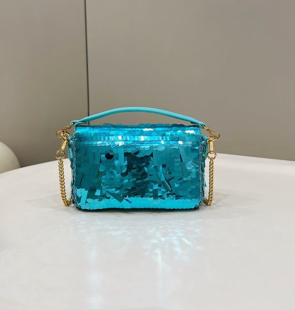 BAGUETTE MINI 19 IN BRIGHT TURQUOISE SEQUINS GOLD HARDWARE
