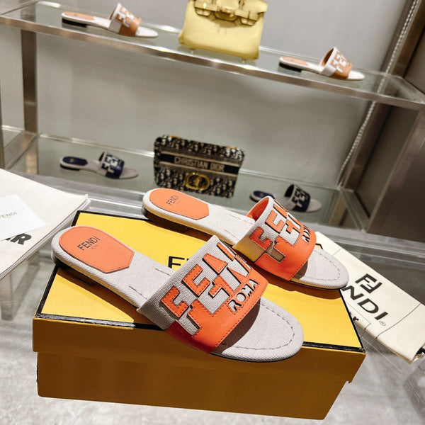 FF Women Roma Signature Orange Grey Canvas Leather Slide