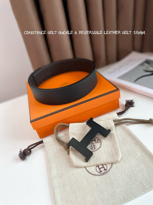 HM CONSTANCE BELT BUCKLE & REVERSIBLE CHOCOLATE BROWN AND BLACK LEATHER STRAP 38MM