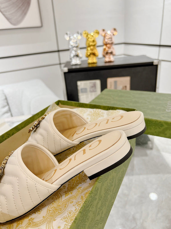 SANDALO SLIDE GG SPARKLE CRYSTAL IN PELLE DI VITELLO CREMA