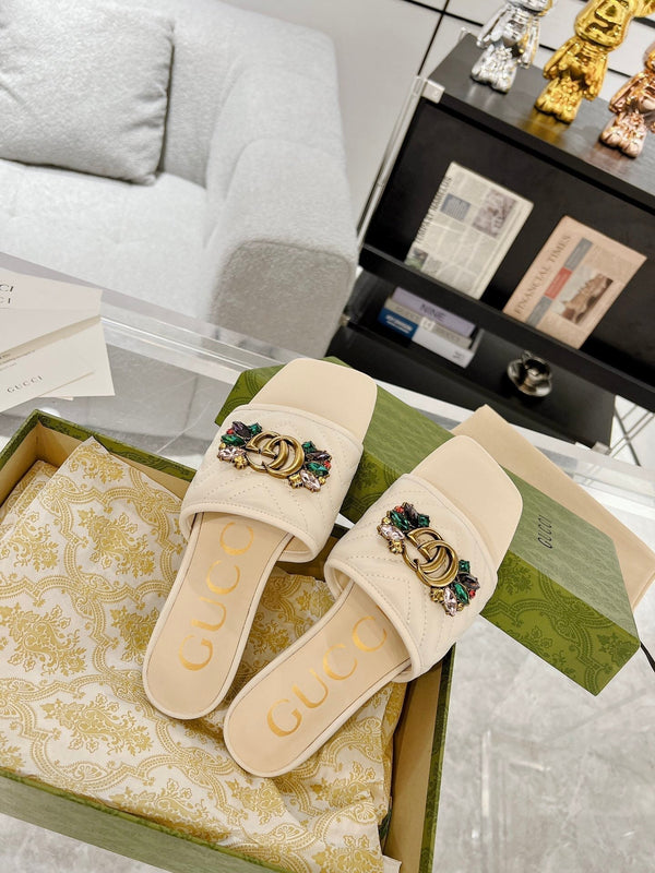 SANDALO SLIDE GG SPARKLE CRYSTAL IN PELLE DI VITELLO CREMA