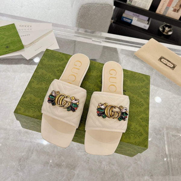 SANDALO SLIDE GG SPARKLE CRYSTAL IN PELLE DI VITELLO CREMA