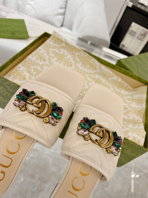 SANDALO SLIDE GG SPARKLE CRYSTAL IN PELLE DI VITELLO CREMA