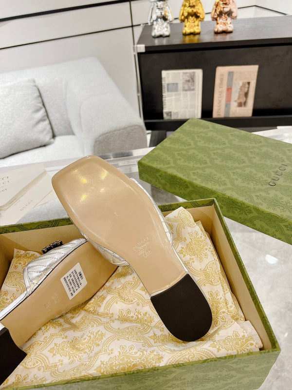 GG SPARKLE CRYSTAL SLIDE SANDAL SILVER CALFSKIN