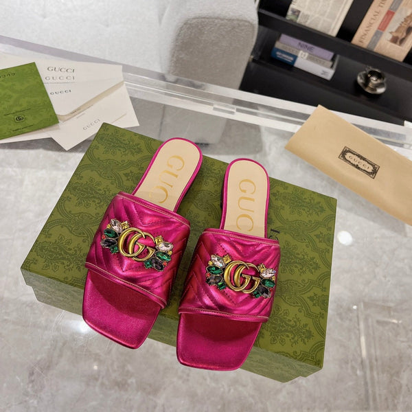 SANDALO SLIDE GG SPARKLE CRYSTAL IN PELLE DI VITELLO ROSA METALLIZZATA