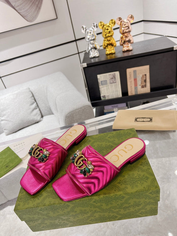 SANDALO SLIDE GG SPARKLE CRYSTAL IN PELLE DI VITELLO ROSA METALLIZZATA