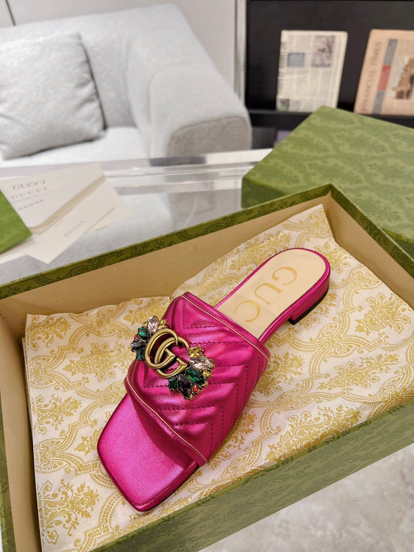 SANDALO SLIDE GG SPARKLE CRYSTAL IN PELLE DI VITELLO ROSA METALLIZZATA