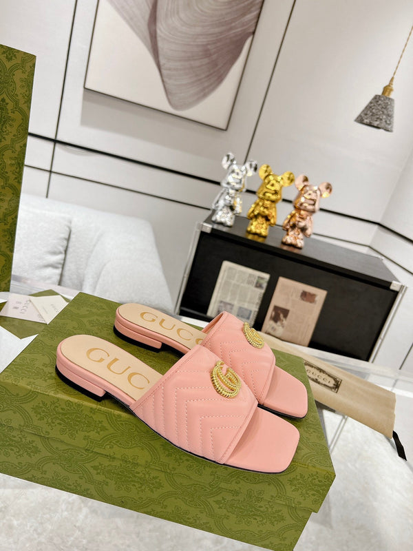 SANDALO SLIDE GG ESCLUSIVO IN PELLE DI VITELLO ROSA CHIARO