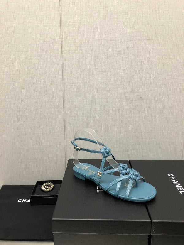 FLORAL FLAT SANDAL IN SAPPHIRE BLUE LAMBSKIN