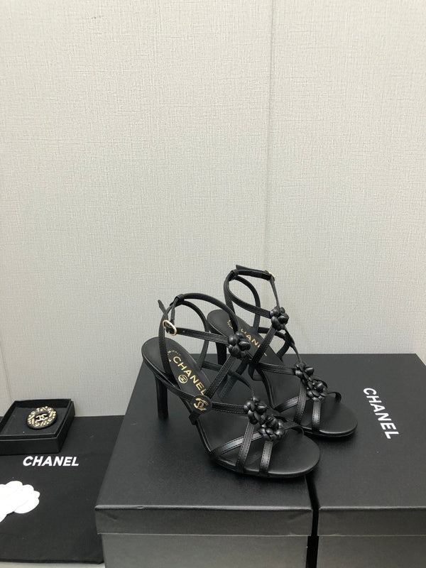 FLORAL HIGH HEEL SANDAL IN BLACK LAMBSKIN