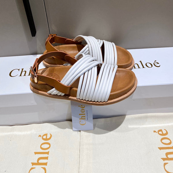 CHLOÉ CROSS STRAP SANDAL IN WHITE MIX BRONZE BROWN RUBBER WITH GOLD HARDWARE