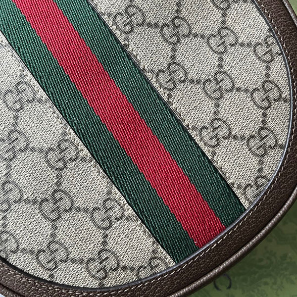 BORSA A TRACOLLA MINI OPHIDIA 20 CON WEB IN TELA BEIGE EBANO MIX PELLE DI VITELLO MARRONE