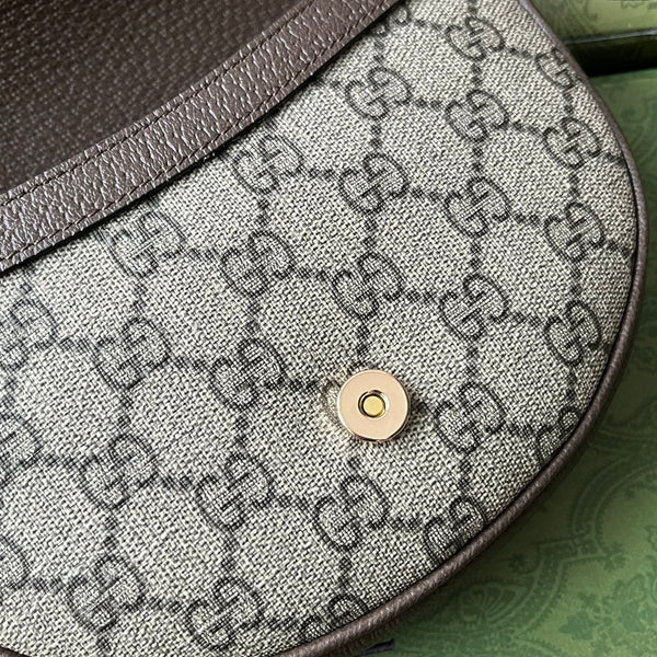 BORSA A TRACOLLA MINI OPHIDIA 20 CON WEB IN TELA BEIGE EBANO MIX PELLE DI VITELLO MARRONE