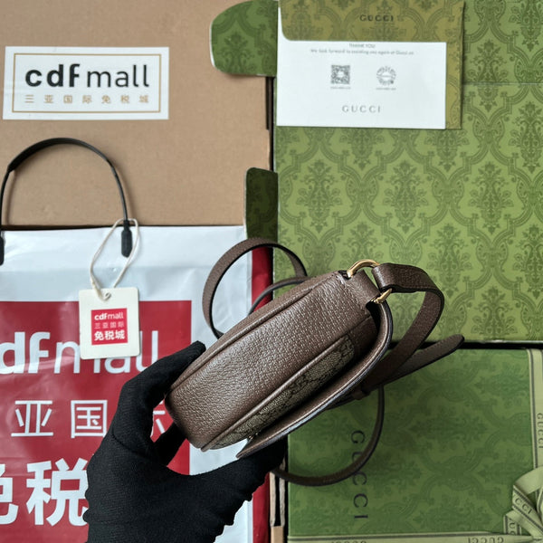 BORSA A TRACOLLA MINI OPHIDIA 20 CON WEB IN TELA BEIGE EBANO MIX PELLE DI VITELLO MARRONE