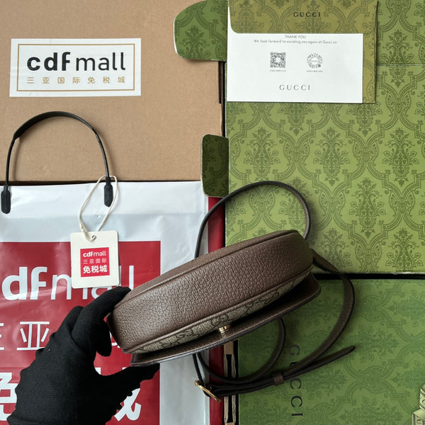 BORSA A TRACOLLA MINI OPHIDIA 20 CON WEB IN TELA BEIGE EBANO MIX PELLE DI VITELLO MARRONE