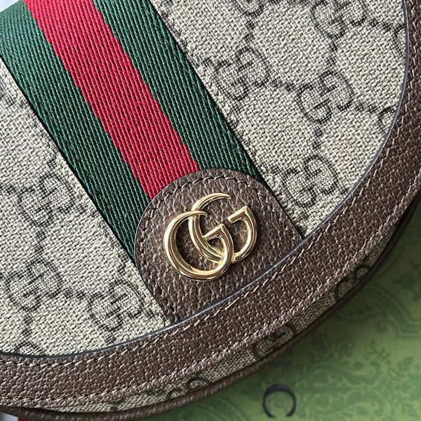 BORSA A TRACOLLA MINI OPHIDIA 20 CON WEB IN TELA BEIGE EBANO MIX PELLE DI VITELLO MARRONE