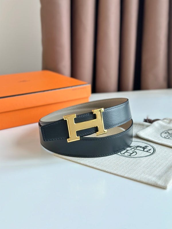 HM Gold H Buckle & Reversible 32mm Belt Beige mix Black leather 124654