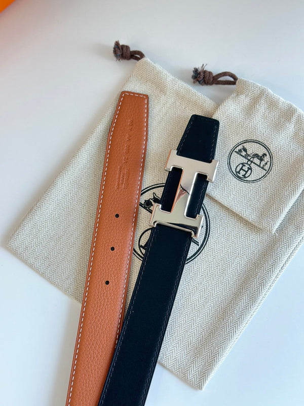 HM Silver H Buckle & Reversible 32mm Belt Brown mix Black leather 124655