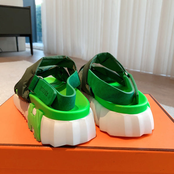 HM ELECTRIC SANDAL DARK GREEN FABRIC AND CALFSKIN