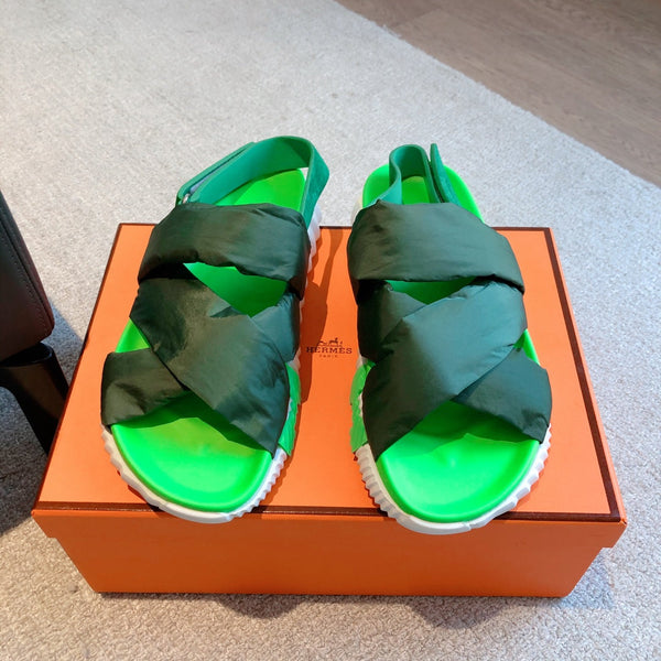 HM ELECTRIC SANDAL DARK GREEN FABRIC AND CALFSKIN