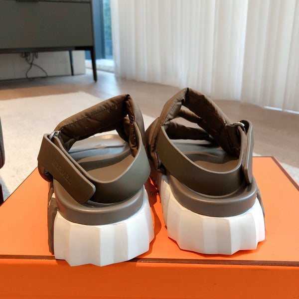 HM ELECTRIC SANDAL BROWN FABRIC AND CALFSKIN