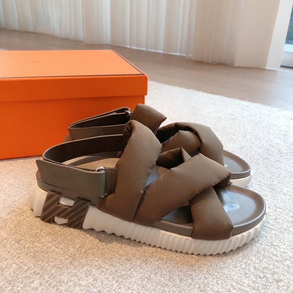 HM ELECTRIC SANDAL BROWN FABRIC AND CALFSKIN