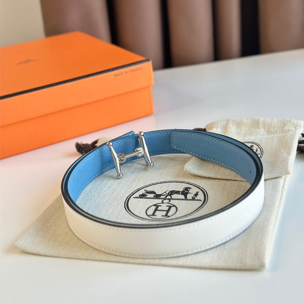 HM Silver Mors H buckle & Reversible 24 mm belt Blue White leather 125360