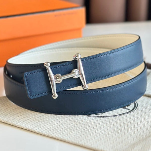 HM Silver Mors H buckle & Reversible 24 mm belt Blue Beige leather 125369