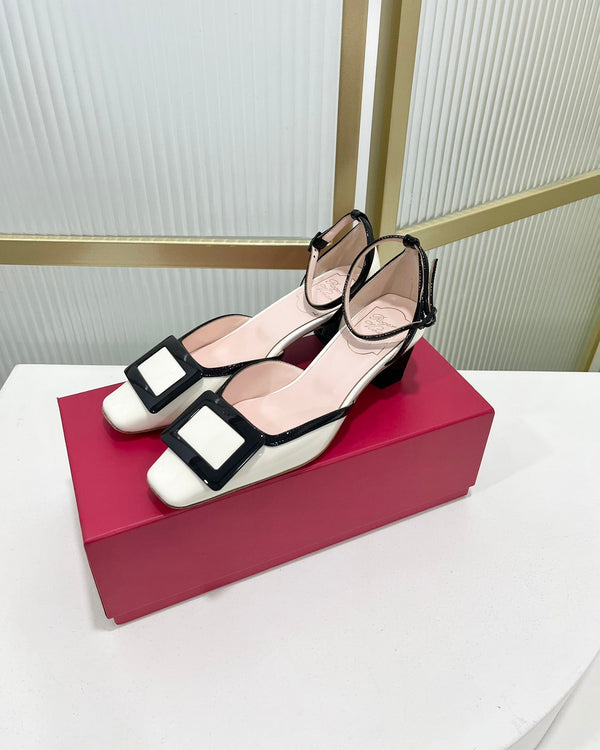 Trompette Metal Buckle Slingback Pump 45 Black White Patent Leather