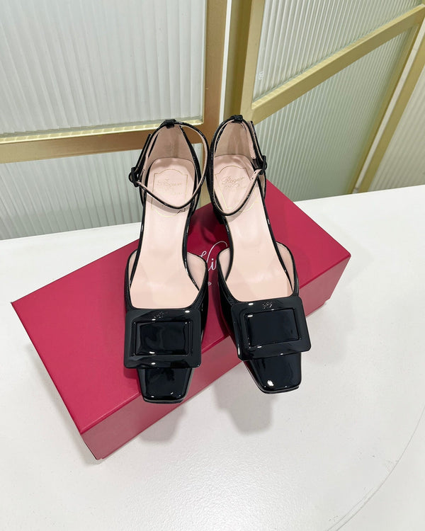 Trompette Metal Buckle Slingback Pump 45 Black Patent Leather