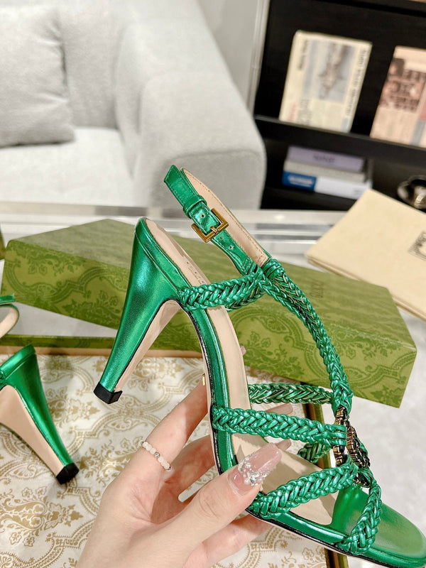 GG CRYSTAL HIGH HEEL SANDAL JADE GREEN CALFSKIN SPECIAL