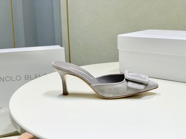 Manolo Mules 7cm Grey Suede Leather Bottom 451193