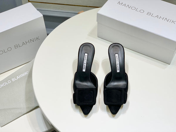 Manolo Mules 7cm Black Suede Leather Bottom 451190