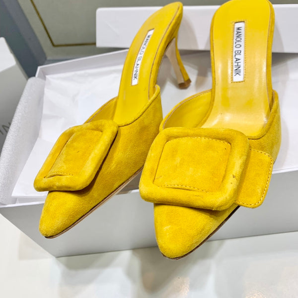 Manolo Mules 7cm Yellow Suede Leather Bottom 451186