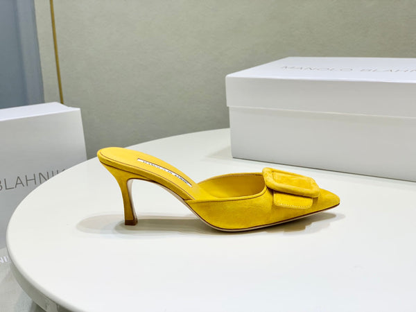 Manolo Mules 7cm Yellow Suede Leather Bottom 451186