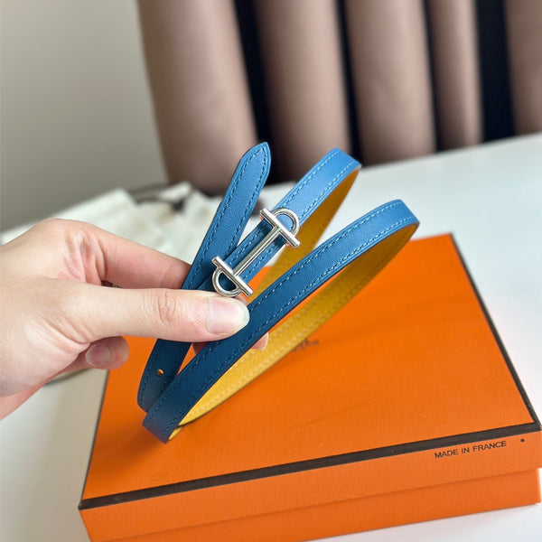 HM GAMMA BUCKLE & REVERSIBLE GOLDEN AND BLUE LEATHER STRAP 13MM SILVER HARDWARE