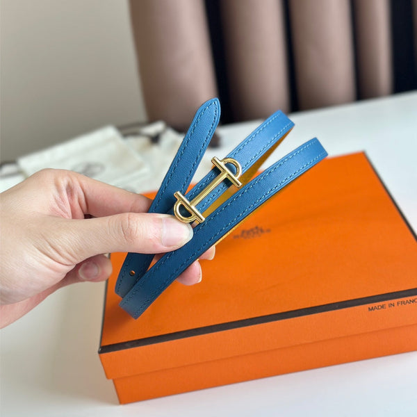 HM GAMMA BUCKLE & REVERSIBLE GOLDEN AND BLUE LEATHER STRAP 13MM GOLD HARDWARE