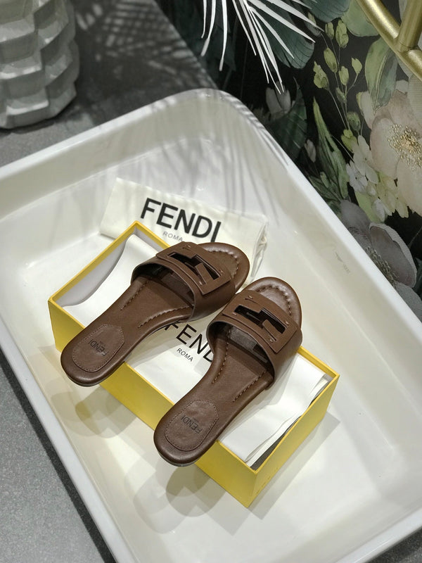 FENDI BAGUETTE SLIDES IN COFFEE BROWN LAMBSKIN