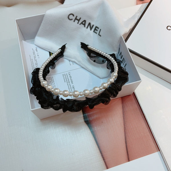 BLACK VOILE FABRIC HAIRBAND WITH PEARL CHAIN 867187