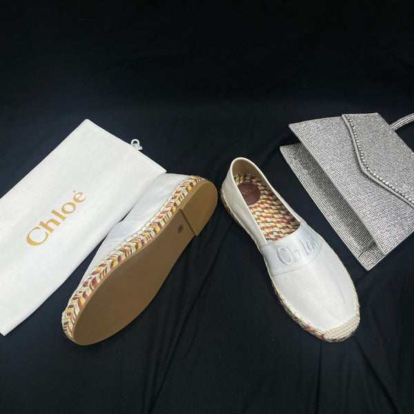 MOCASSINO CHLOÉ IN DENIM BIANCO E RAFIA COLORATA