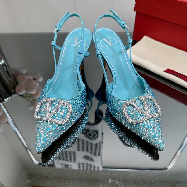 Vlogo Signature Slingback 70 in pelle di vitello blu cielo con cristalli