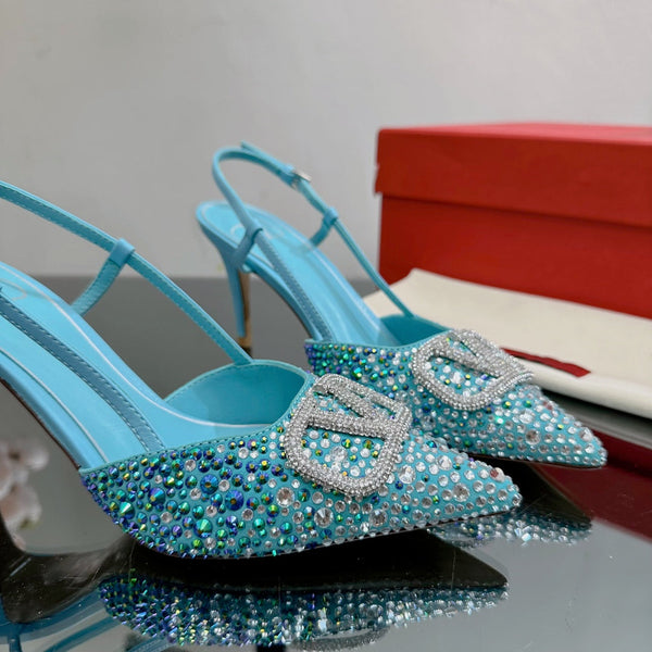 Vlogo Signature Slingback 70 in pelle di vitello blu cielo con cristalli
