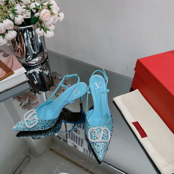 Vlogo Signature Slingback 70 in pelle di vitello blu cielo con cristalli