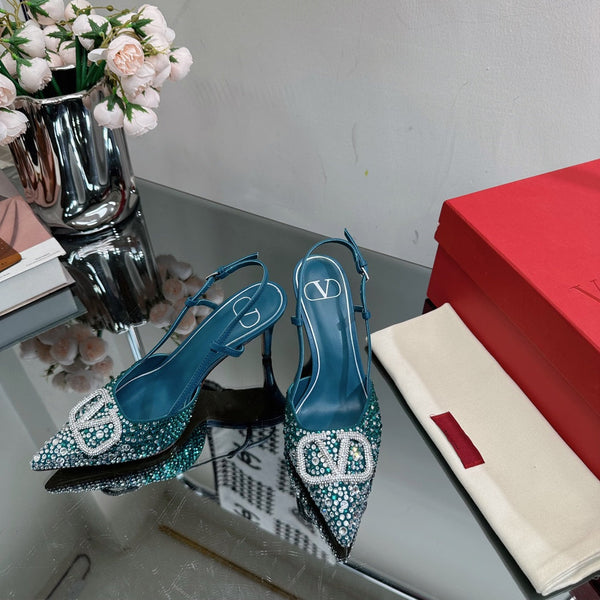 Vlogo Signature Slingback 70 in pelle di vitello blu scuro con cristalli