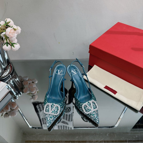 Vlogo Signature Slingback 70 in pelle di vitello blu scuro con cristalli